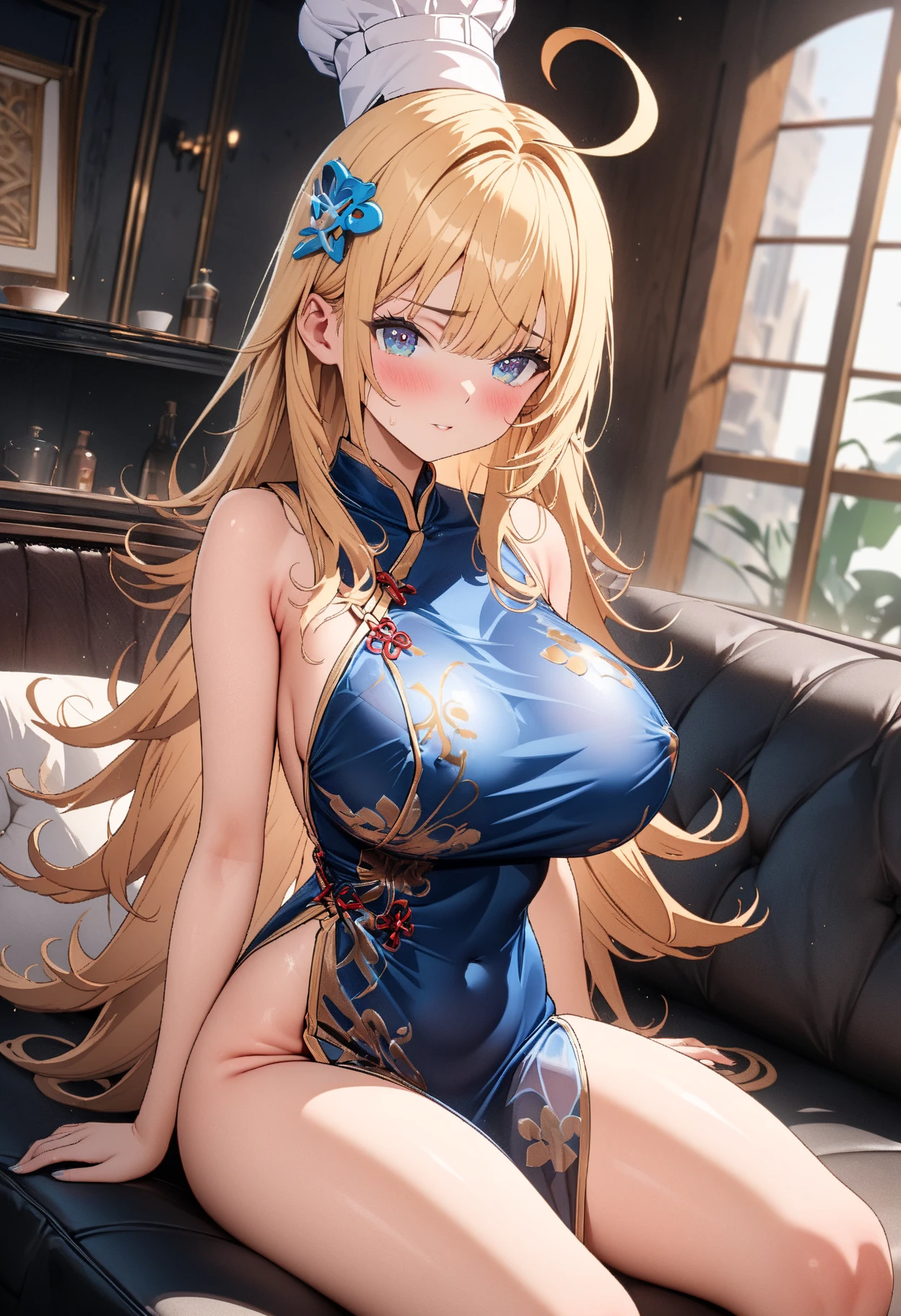 1 girl,highest quality,Super high quality,Ultra-high resolution,anime characters,beautiful eyes,Detailed contours,sweat all over,blonde,beautiful big breasts,smile,underboob,Angle from below side,open your mouth,Hide only the nipples,beautiful feet,my nipples are erect,cleavage,China dress,Belly exposure,blush,sit on the bed,