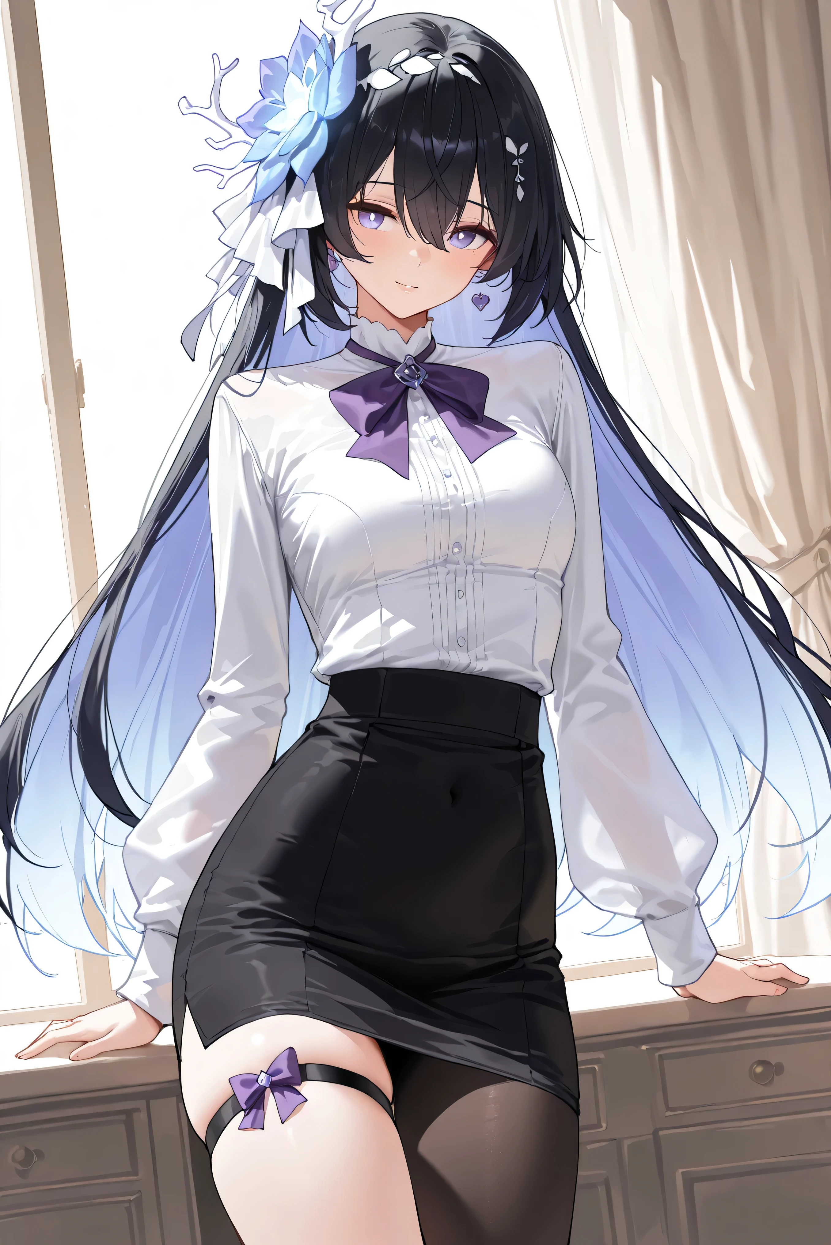 score_9, score_8_up, score_7_up, masterpiece, best quality, very aesthetic, absurdres, tunning image, attractive image, solo, 1girl, adult grown woman, seele vollerei (herrscher of rebirth), black hair, long hair, hair ornament, blue eyes, white pupils, small breasts, masterpiece,best quality,amazing quality, ero404, 5 fingers, alternate costume, long sleeves, pencil skirt, purple bow, skirt, black skirt, white shirt, thigh strap, single leg pantyhose, elegant pose,