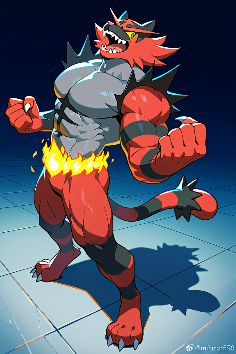 Exveemon bodybuilder, red shirt with a flame design, tight clothes, , red gym shorts.