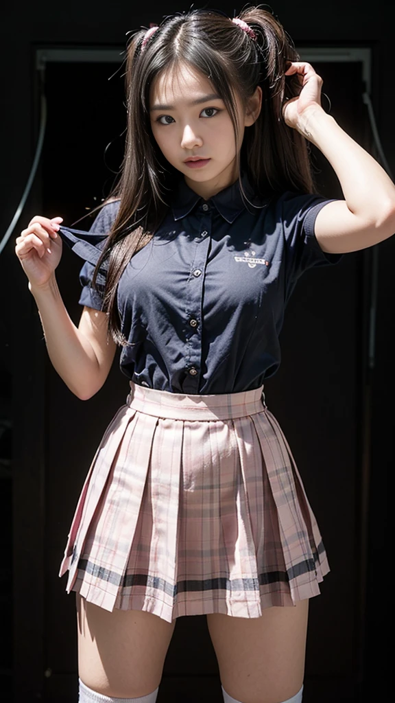 (photo practical:1.4), (hyper practical:1.4), (practical:1.3), (Smoother lighting:1.05), (Improving the quality of cinema lighting:0.9)、Natural light、Professional photos, practical portrait,(Japanese beautiful girl、18-year-old high school student),, Beautiful face and eyes, Very cute face, smile, vitality, vitality, (A sexy uniform with a wide open chest:1.2、The chest is open wide and her breasts are exposed、Her clothes are open and her naked body is visible、Showing her boobs、very beautiful small breasts、Beautiful cherry-colored areola、Erect nipples、Small butt、Shaved),The hem is short and the lower half of the body is visible、No underwear、  (Shirtless schoolgirl:1.4),  (district), Portrait of sexy girl, (View from below:1.2)、School classroom、During class、No underwear、No underwear、No bra、Lifting her clothes with her hands to expose her breasts、Lift your clothes with your hands to expose your breasts