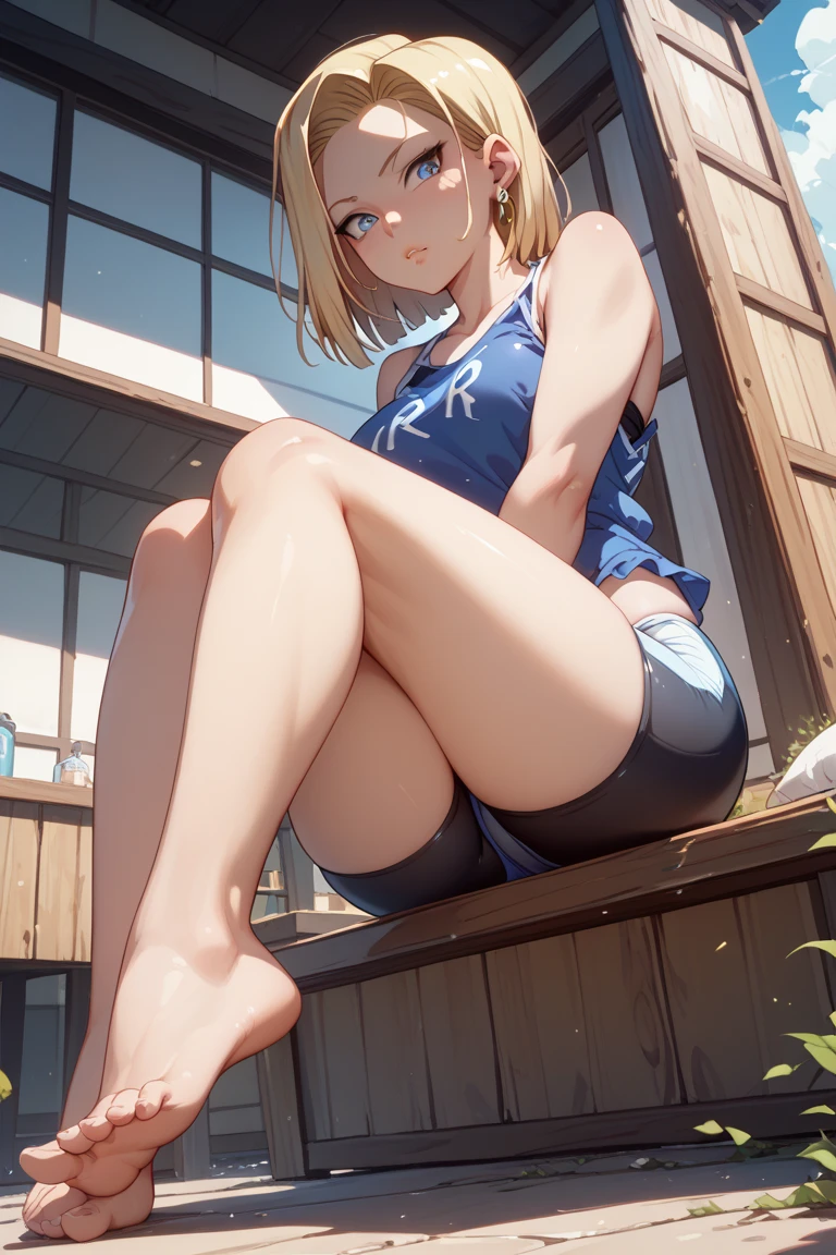 (masterpiece, best quality:1.2), solo, Android 18 from Dragon Ball, ((light gray baggy crop T-shirt, short sleeve, black thin thigh highs, leg lift, spread legs, beautiful butt, gray dolphin pants)), small breasts, short blonde hair loose, ((close eyes)), (wearing glasses), earrings on earlobes, slender feminine figure, skinny body, cleavage, light blush, chill, organized, simple, white-based interior, a few plants, cloudy sky, terrace, magnificent view, blur background, 4K, on the cute chair, (pale blue chair), midriff-baring, beautiful armpits, pantyshot, arms up behind,