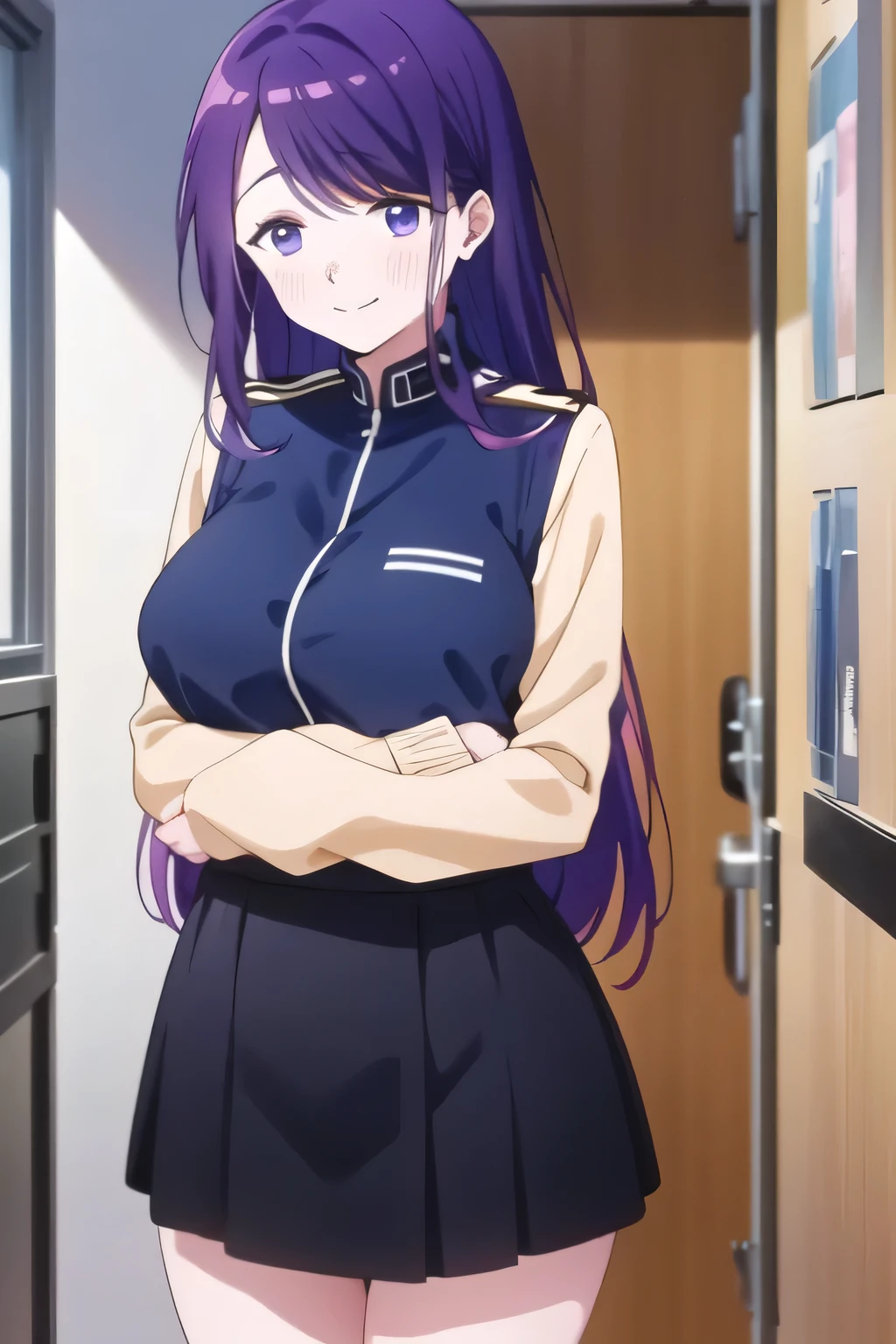 purple long hair,Girl in uniform,Can you draw a nice smile,,High School Uniforms,navy blue mini skirt,,OL ,Inside the building,Let's draw a more delicate expression,A woman with a lovely smile,Delicate expressions come first, so a face is absolutely necessary,even with big breasts and a thin waist,Beautiful legs,Please give me an accurate representation of 20-year-old hands and legs with adult sex appeal,Big Breasts, ,私 need facial expression first,
