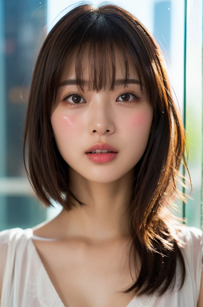 (Photo Real:1.4), (hyper realisitic:1.4), (Smooth lighting:1.05), 1 girl, so embarrassed that I instinctively turned face away, open your mouth to say something, Close-up of the face, Soft lighting, Back lighting, (cheerfulness:1.2), (Finest Real Textured Skins), Narrow-eyed, Super fine face, glowy skin, retinas, Anatomically correct, acurate, (medium Hair:1.1), bangs, Textured skin, High quality, high details, Best Quality, High resolution, indoor,
