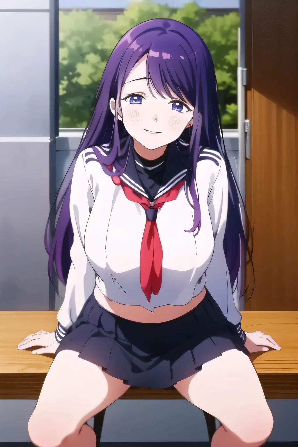 purple long hair,Girl in uniform,Can you draw a nice smile,,High School Uniforms,navy blue mini skirt,,OL ,Inside the building,Let's draw a more delicate expression,A woman with a lovely smile,Delicate expressions come first, so a face is absolutely necessary,even with big breasts and a thin waist,Beautiful legs,Please give me an accurate representation of 20-year-old hands and legs with adult sex appeal,Big Breasts, ,私 need facial expression first,