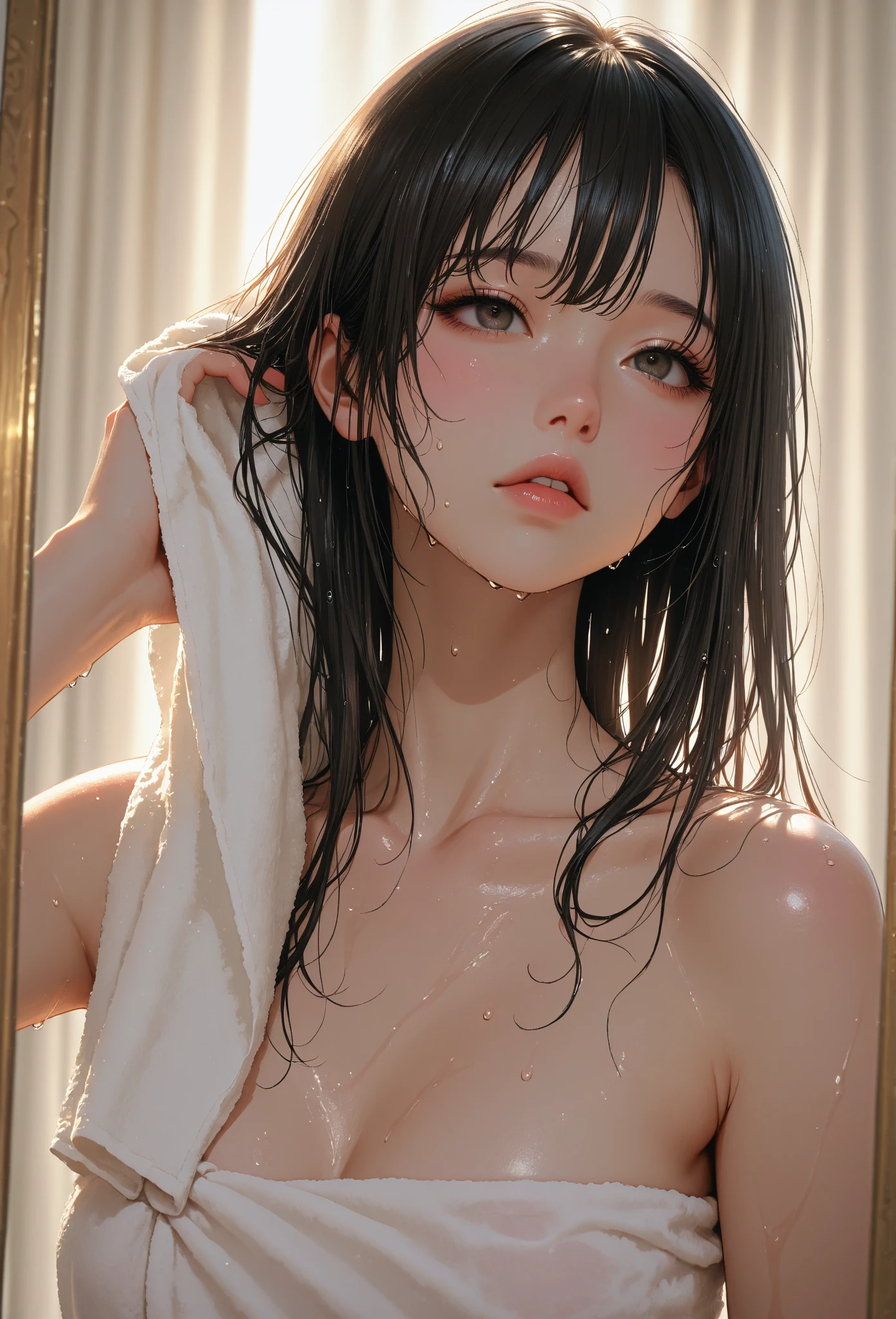 ((masterpiece,Highest quality:1.3,best illustration,realistic:0.5)),nsfw,1woman、独奏,20 year old Japanese beauty,((very small head:1.3)),center parted bangs,forehead,black hair,long hair,black eyes,gorgeous eyes,hip shy,tears,tongue,medium breasts,((very long body:1.2)),((toned body,slender body,skinny)),gleaming skin,shiny skin,oily skin,wet,naked,nipples,vagina,creampie,cum on body,excessive cum,spread legs,simple shower room、
