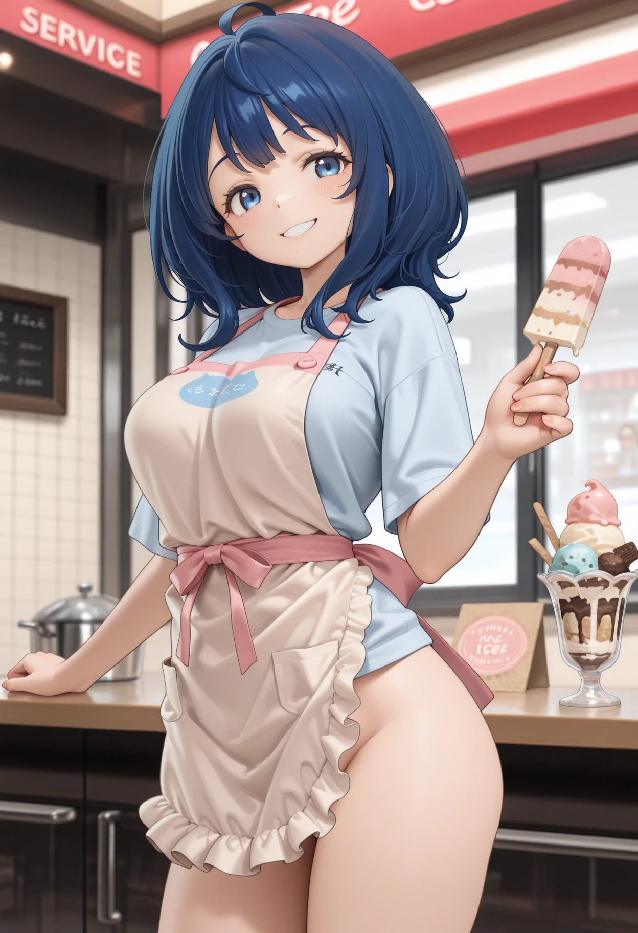 1girl, 18yo, idol, shiny skin, photo of a girl, waitress, wearing navy school one-piece swimsuit and wearing-over apron, low-legs, upper shot, perfect fingers, perfect hands, bare-legs, indoor, standing, serving pancakes on the tray, welcome, (cafe:1.2), customer service, smile,nsfw