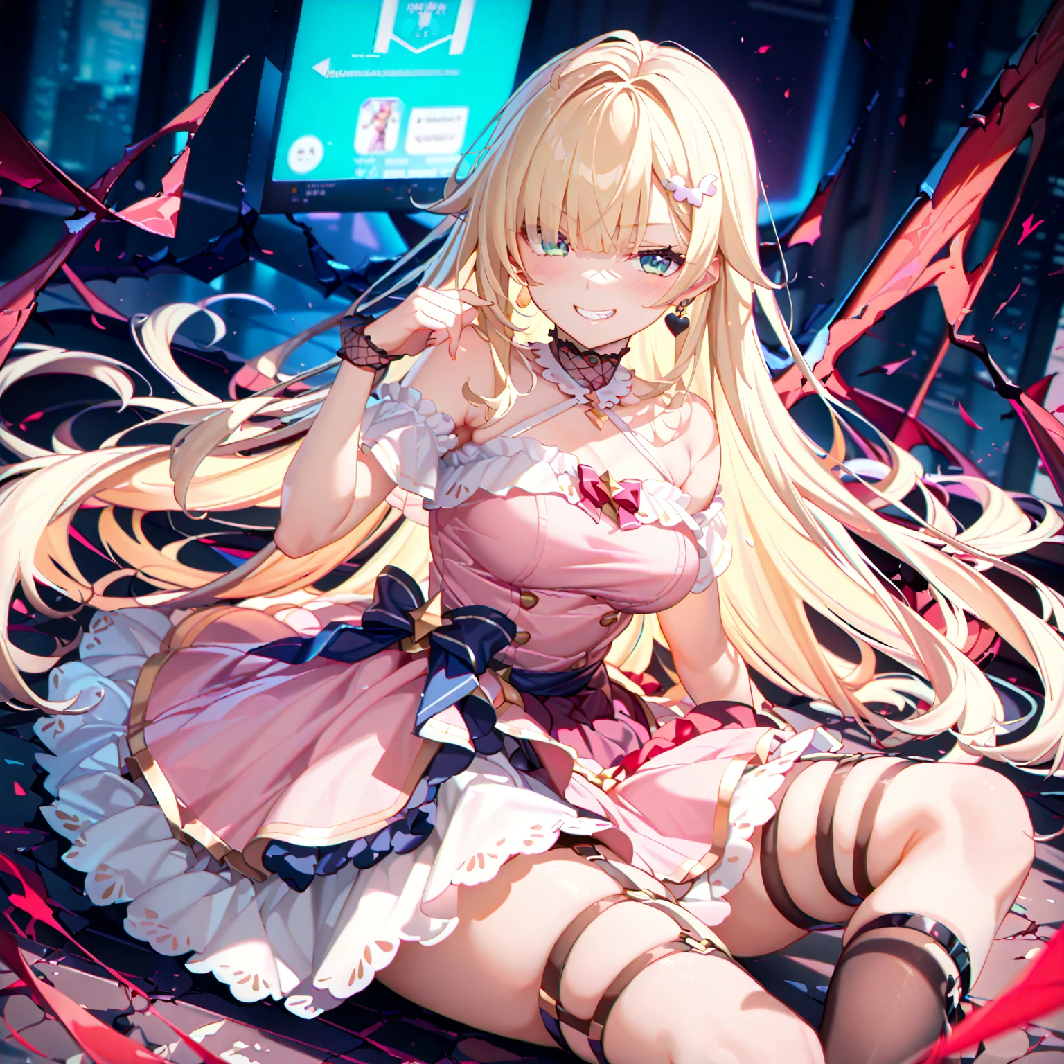 Has long blonde hair、Incredibly beautiful young femme fatale, Long Bangs, blue eyes, Wear a light summer dress. Romance. masterpiece. Full body image. Detailed drawing of the face. masterpiece, Perfect drawing, Realistic painting, full body drawing, Detailed Study, 8k. Full body image, Realistic image, Dynamic Image, Detailed Images. Highly detailed illustration, 最高品質の真のmasterpiece, Carefully drawn. Anime Style.She opens her long white slim legs through the side slits、Navel-baring look、Huge breasts、Tattoo、See-through nipples、Skinny Body、{Slightly toned abs}、(Lots of drooling)、Large swaying earrings、chest sticking out、Visible nippleicro Mini Skirt、Pink Dress、White underwear visible from the skirt、((cameltoe)),