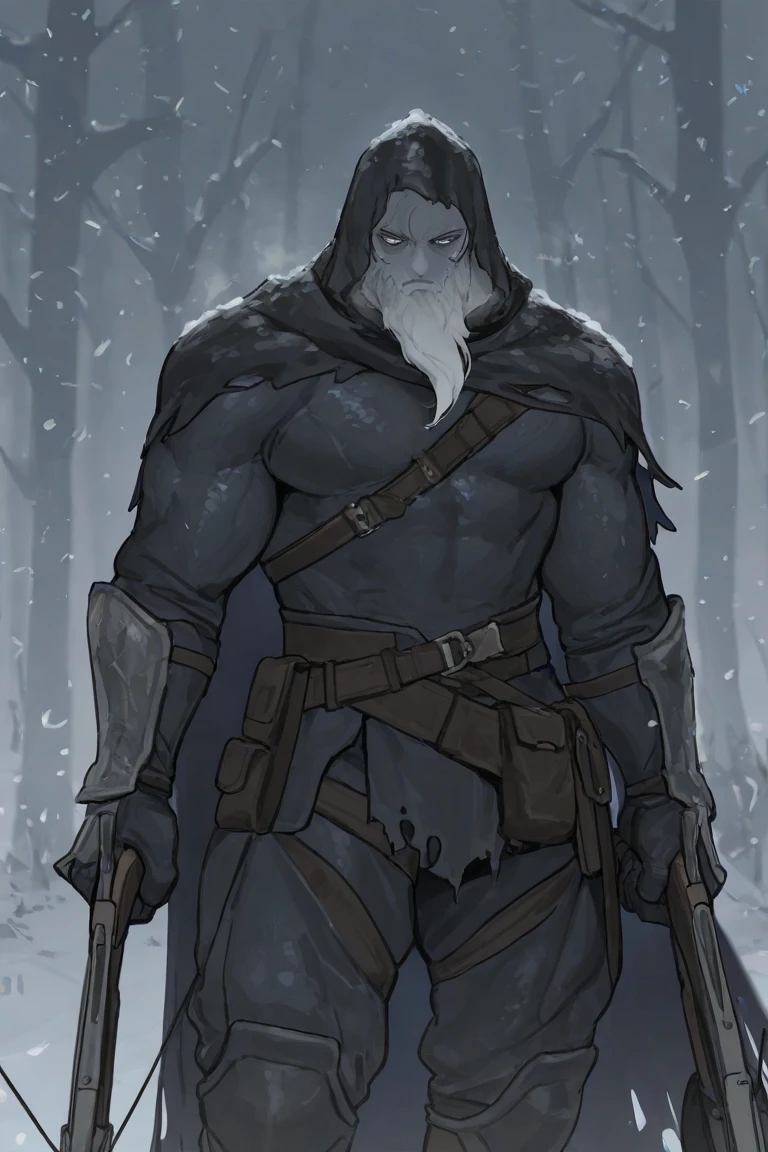 (soft shading), 4k, high resolution, ((detailed face, detailed, best quality, masterpiece, detailed anatomy, detailed eyes, detailed hands)), from Kiyosan, by bebebebebe, 1 male, russian echo knight, cold fierce expression, square jaw, short russet hair, grey eyes, short beard, weathered fair skin with subtle reddish tone from cold, frostbitten scars, muscular build, broad shoulders, thick arms, studded leather armor with fur accents, rugged survival gear, massive armored gauntlet acting as a shield with a retractable short blade hidden beneath the forearm plating, hand crossbow strapped across the back, 20 bolts in worn leather pouch, two handaxes on belt, visibly throwable, fur-lined dark winter cloak, woolen hood, thick boots, wilderness warrior aesthetic, snow particles in the air, cold breath visible, ambient fog, snowstorm in background, grim fantasy, (ghostly echo silhouette behind him), spectral double mimicking his stance, faint ethereal glow, frozen forest setting