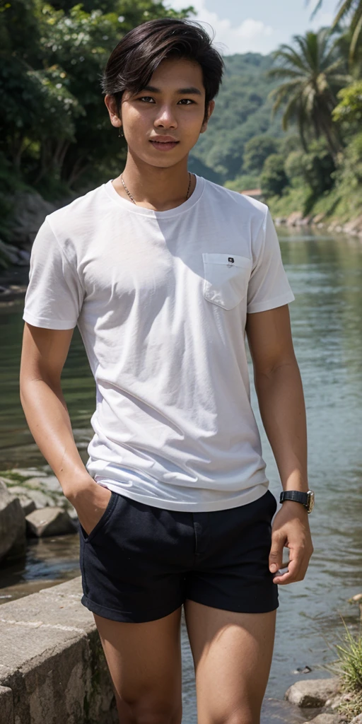 独奏: 1.5, (As a matter of fact, Masterpiece, 8k HD, good light quality, sportswear, fit the face, complicated details), A handsome Korean young man with muscular arms. , 20 years old, be happy, smile brightly, detailed face, delicate eyes, look at the sky, Wear a tight white t-shirt.:1.6, Long pants, period, black eyes, Black hair color, ผมsmooth, smooth, outdoor sports, By the sea, nighttime，Surreal，Awesome details，Highest quality，real，Open your mouth to talk. , Close your eyes.,Standing on the edge of the market 