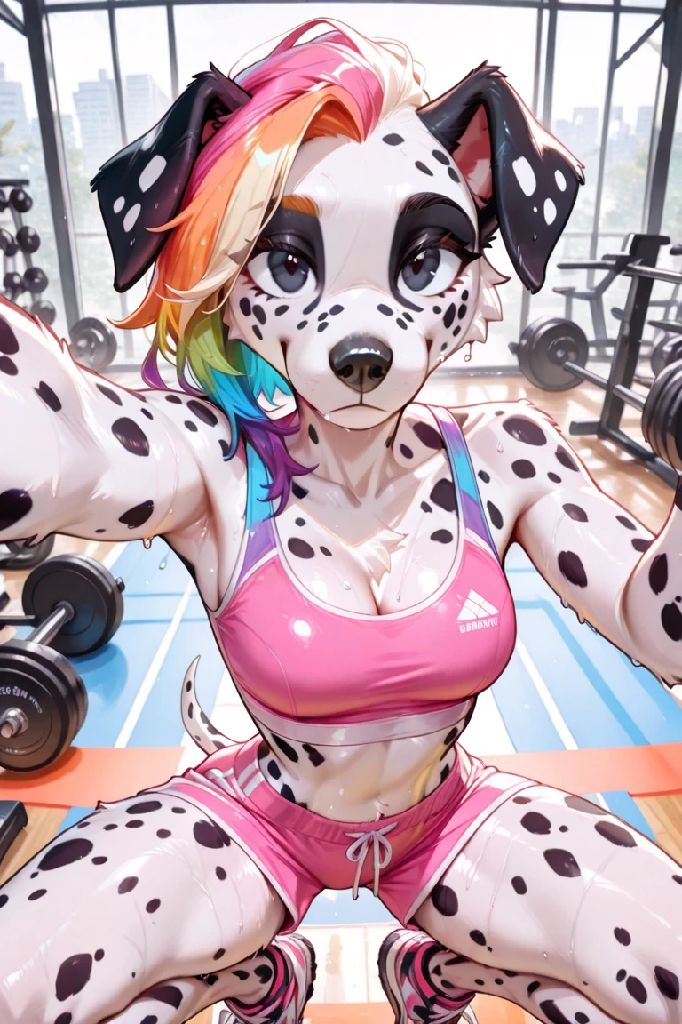 Draw a scene where the muscular dog with a purple bow on her head is participating in a weightlifting competition, displaying your strength and determination to overcome challenges.