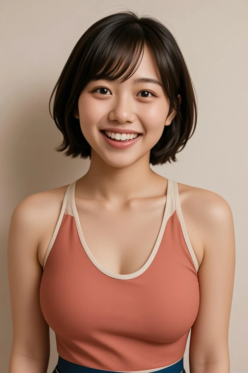 asian woman, bob cut, close-up, smile, (orange tank top), (pastel grey background)
