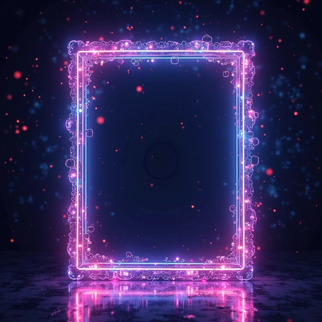 A futuristic holographic cyberpunk-style photo frame, glowing neon edges, shimmering circuits, floating tech symbols, iridescent hues of purple, blue, and pink, transparent center left empty, no object inside the frame, background dark and abstract for contrast