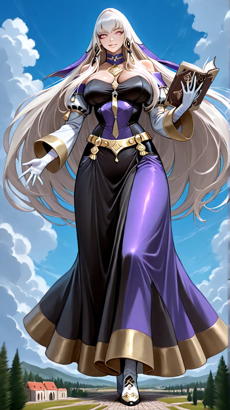 score_9, score_8_up, score_7_up, score_6_up, score_5_up, score_4_up, source_anime, Urd, looking at viewer, smile, gloves, dress, cleavage, sitting, full body, boots, detached sleeves, sky, choker, day, elbow gloves, cloud, armpits, cape, arms up, dark-skinned female, blue sky, legs, no bra, makeup, crossed legs, lipstick, arms behind head, breasts apart, purple dress, side slit, long legs, center opening, purple gloves, purple footwear, plunging neckline