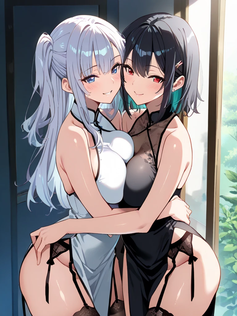 (top-quality,High resolution,(Ultra high definition,4K), (超A high resolution,in 8K),masutepiece:1.2), (Perfect Anatomy,Anatomically accurate), (Angle from below), (Soft lighting, 光线追踪), (((Sitting on a sofa in the lobby of a luxury hotel, legs wide open))), (Two cute high school girls), High-definition beauty face, (fishnet tights), (gray hoodie), cleavage of the breast, (Colorful leotard swimsuit), (Crisp double eyelids), (fascinated expression),(Large breasts:1.3), NSFW,(Soft skin), (Photorealistic), (Glowing skin), (colourful hair)