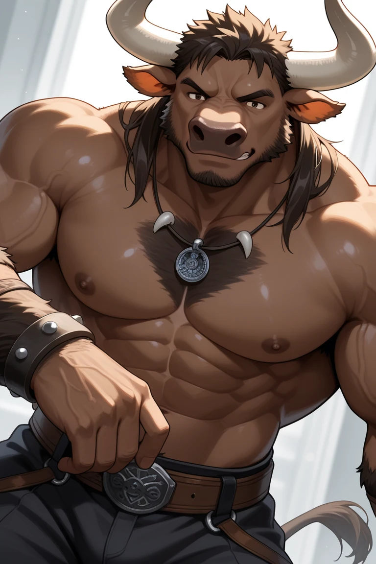 A man is cornered by a minotaur in a labyrinth. Scrapes. Bruises. Blood. Bleeding skin. skin to hide. Bull fur. Hypnosis. Blank stare. Mind control. Brainwashing. Hypnotized. Growing muscles Hyper muscles. Big biceps. Big triceps. Big traps. Broad shoulders. Thick massive pectorals. Growing bull horns. Bull tail. Feet to hooves. Merging toes. Tattered clothes. Destroyed clothing. Bull sheath. "I ... I ... MMmmmmmmMMMRRROOOOOOOOOOOO!" blank stare. bull bellow. Bull fur. Hoof hands. Fingers merging into three meaty fingers with hoof tips. Bull muzzle. Sweat. Sweaty. Dirty. dull bovid eyes. Minotaur assimilation. herd instinct. Corruption. Conversion. Dumber and dumber. IQ drain.