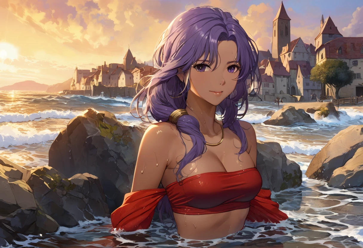 masterpiece, best quality, <lora:MarianneFE3H-FEH-bsinky-v1:0.9> sumMarianne, bikini, cleavage, braid, skirt, midriff, bare shoulders, off shoulder, blunt bangs, high heels, open mouth, embarrassed, blush, crossed arms, beach, large breasts