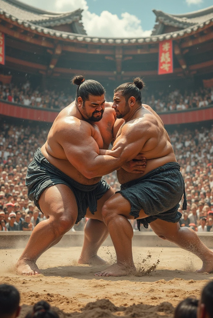 A huge young European white sumo wrestler with undercut light-brown haircut, over-bloated with muscle and fat, looking like a ball, in a white lycra suit and white socks, no shoes, looks at the crowd arrogantly around the ring where he stands alone, his white socks must be seen