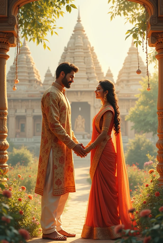 Create an AI image of man wearing Indian traditional dress and woman wearing saree ...Both of them holding the hands outside a Shiva temple