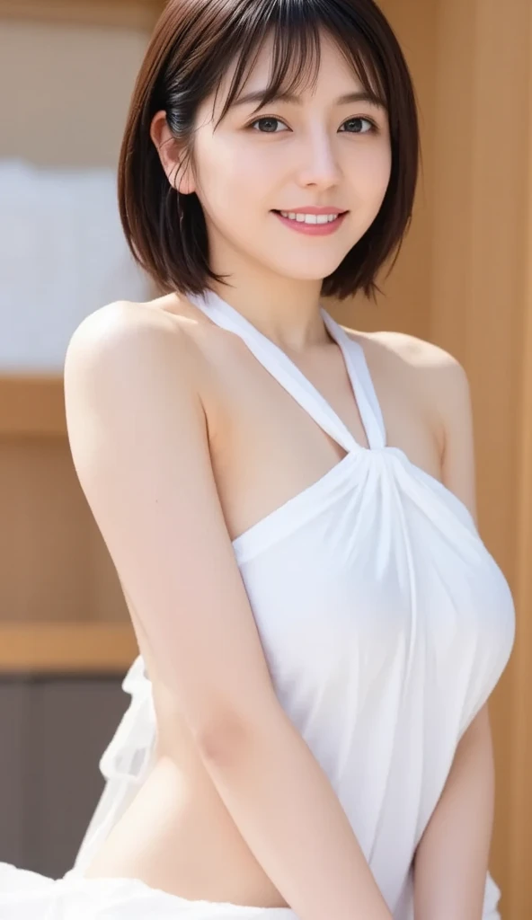 Innocent 20 year old girl、((White tank top, Dramatic poses)),Smile,short-cut,Natural park、Raw photo, (8K、top-quality、masterpiece:1.2)、(intricate detailes:1.4)、(Photorealsitic:1.4)、octane renderings、Complex 3D rendering ultra detail, Studio Soft Light, Rim Lights, vibrant detail, super detailing, realistic skin textures, Detail Face, Beautiful detail eyes, Very detailed CG Unity 16k wallpaper, make - up, (detailedbackground:1.2), shinny skin, Full body、cleavage of the breast,((Standing with hands folded behind your back、Leaning forward、Angle from above))