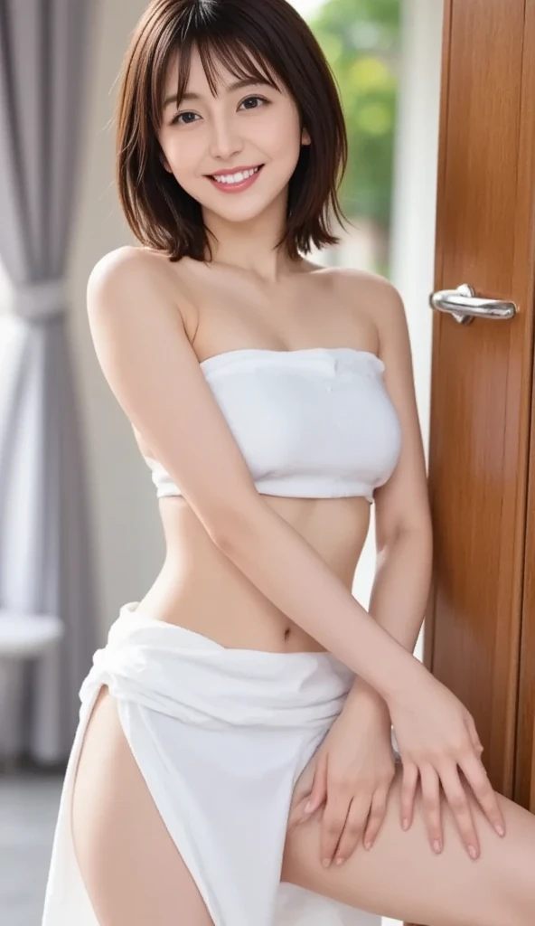 (8K、Raw photography、best of quality、mastaerpiece:1.2)、ultra hyper-detailed、Super Resolution、(realisitic、Real Photographic:1.37)、portlate、High Definition RAW Color Photography、Professional Photography、highly detailed and beautiful、Extremely detailled、amazing detailed、huge filesize、Official art、extremely detailed beautiful girl、extra detailed face、very detail eyes、highlydetailed skin、extremely detailed fingers、extremely detailed nose、Highly detailed detailed mouth、Perfect style、细致背景、Detailed clothing、女の子1人、(20:1.2)、in her 20s、Cute little girl s、Realistic body、White Skin Skin、shining skin、Slim body、black-haired、(((short-hair)))、(Blunt bangs: 1.2)、kawaii、pretty face、Lifelike face、Delicate eyes、Sauce order、(((onsens)))、(((Beautiful woman wrapping a towel around her naked)))、((opening legs))、((a smile))、((Not wearing pants))、((Plain feet))、((FULL BODYSHOT))、(((no-bra)))、((a smile))、((Pull shot))、耳Nipple Ring、Looking at the camera、cow-boy shot、Contrapo、dynamic lighting、C cup milk、
