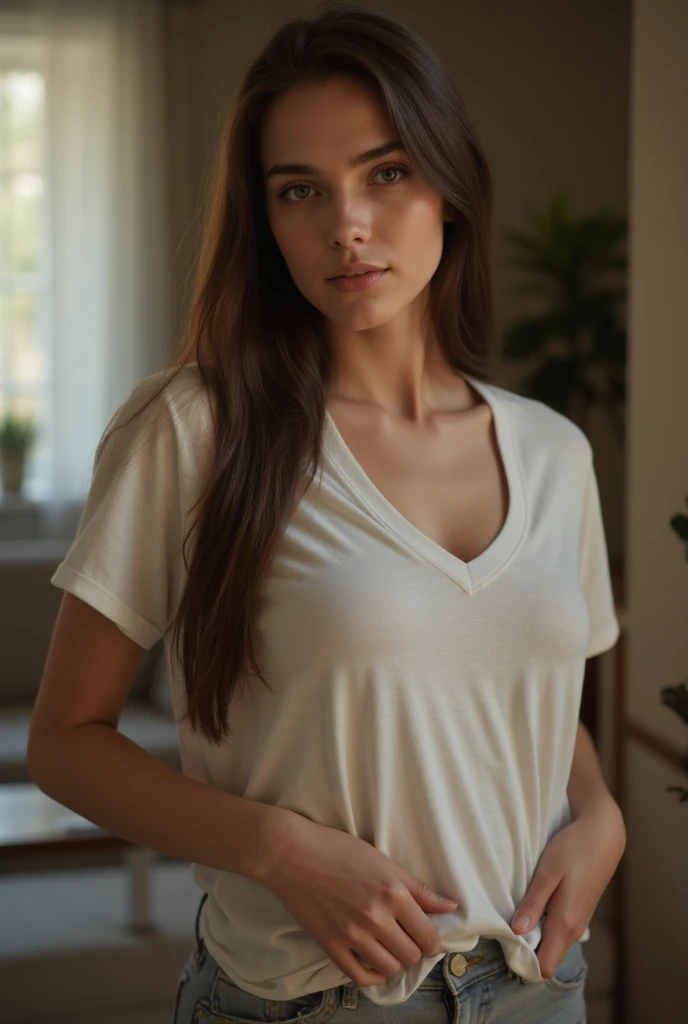 La mismo modelo posando con ropa deportiva ajustada en casa