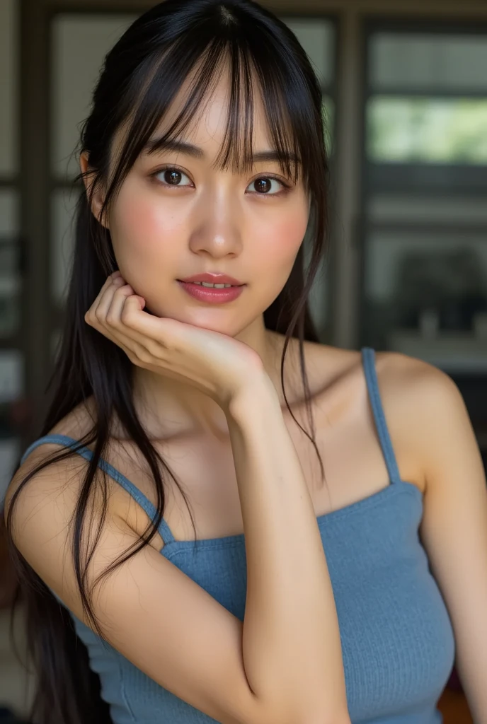 (highest quality, 32k, High resolution, masterpiece:1.5, ), Haunting fantasy portrait in abstract style, ((In a swirl of fantastic pastel colors and soft light)), Evoking a sense of soothing tranquility and elusive beauty, Award-winning masterpiece with amazing details, Color and shape, expression of emotions, rich in imagination, cute japanese woman, full shot of full body, perfect human anatomy, big magical eyes, gentle smile, Motherhood and tolerance, ((Shiny light blue straight long hair)), Beautifully styled super long hair, Beautiful asymmetrical bangs, hair between eyes, white, clear and soft skin, thin eyebrows, clear double eyelids, pale pink lips, ((see-through transparent camisole,)), High resolutionの完璧な鎖骨, High resolutionの美しい胸元, Slender body with plump breasts, High resolutionの美しい太もも, soft sunlight, professional lighting, professional photographer, Professional models,mysterious