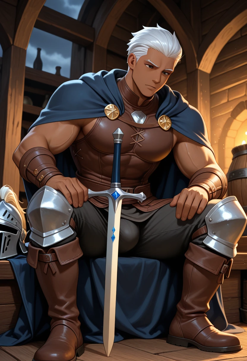 male, mature daddy), (wearing Spartan armor), erection upward, handsome, muscular, hairy, (blush), (posture with arms crossed), (ashamed), middle aged man, homoerotic, standing, realistic, night, delicate eyes, hairy legs, (precum)