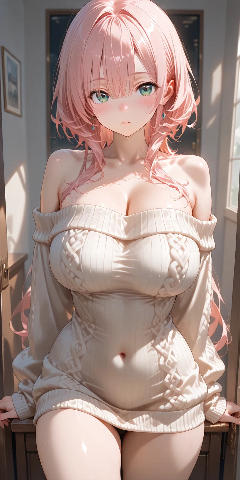 masterpiece, highly detailed, (1girl), white-pink hair, pastel colors, cozy atmosphere, natural lighting, black waist high leggings, oversized T-shirt, young16 year old teenager, soft facial features, short height(150cm), hip-level shot, long slender legs, big , slender yet curvy body