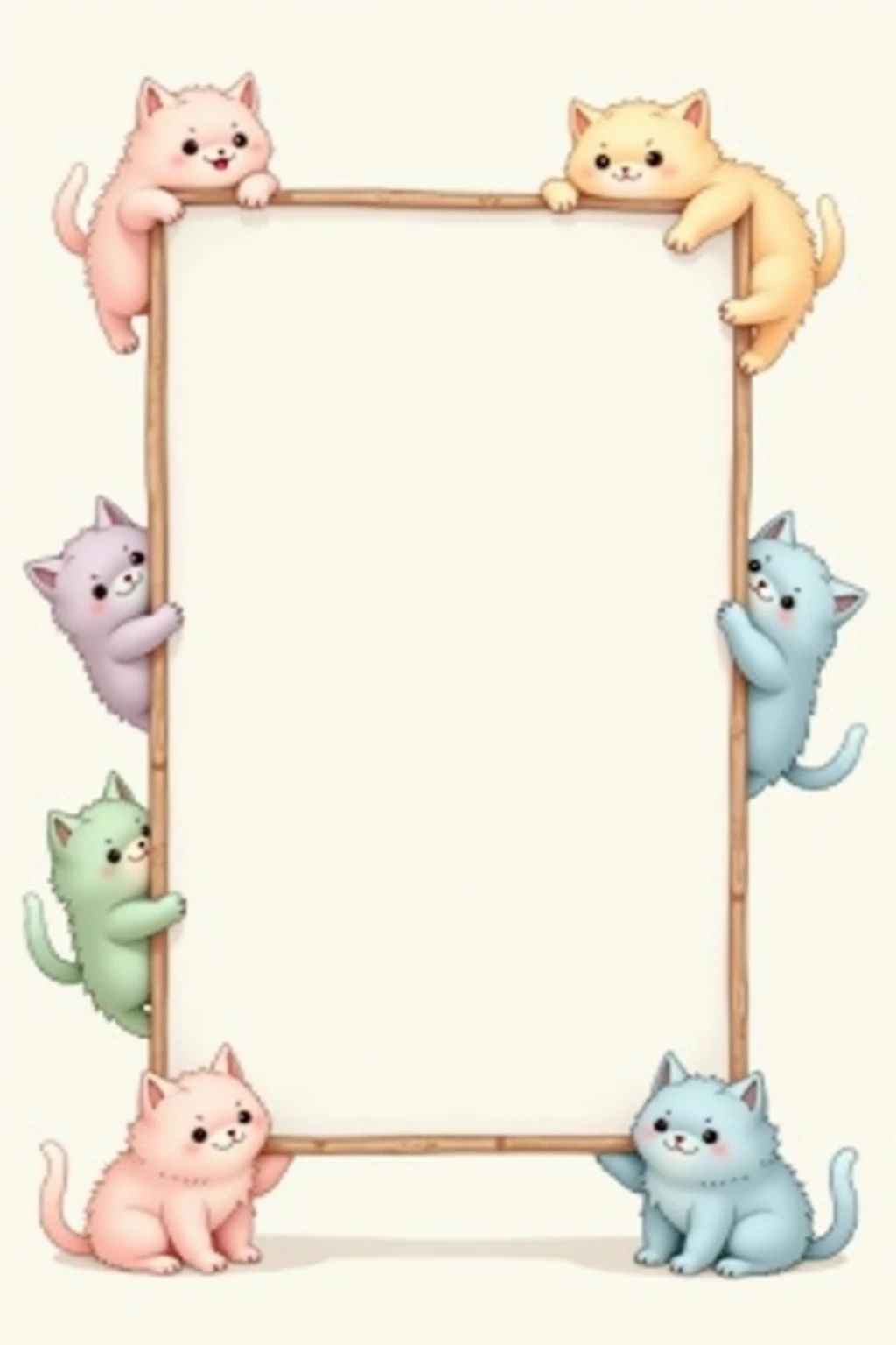 > 2:3 vertical aspect ratio, no background, gentle pastel color palette, soft lighting, thin border frame with four adorable pastel-colored cats playfully biting each corner, each cat gently holding the frame with its mouth, chubby and fluffy kittens, different poses and expressions, soft fur texture, big round eyes, light colors like  pink, mint green, pale lavender, and sky blue, each cat unique but harmonized, cute and whimsical atmosphere, thin and minimal frame lines, central area completely empty and transparent for artwork display, frame hugs the outermost edges of the canvas, symmetrical composition, designed as a charming and playful art frame, high-resolution, illustration style, soft shadows, gentle highlights