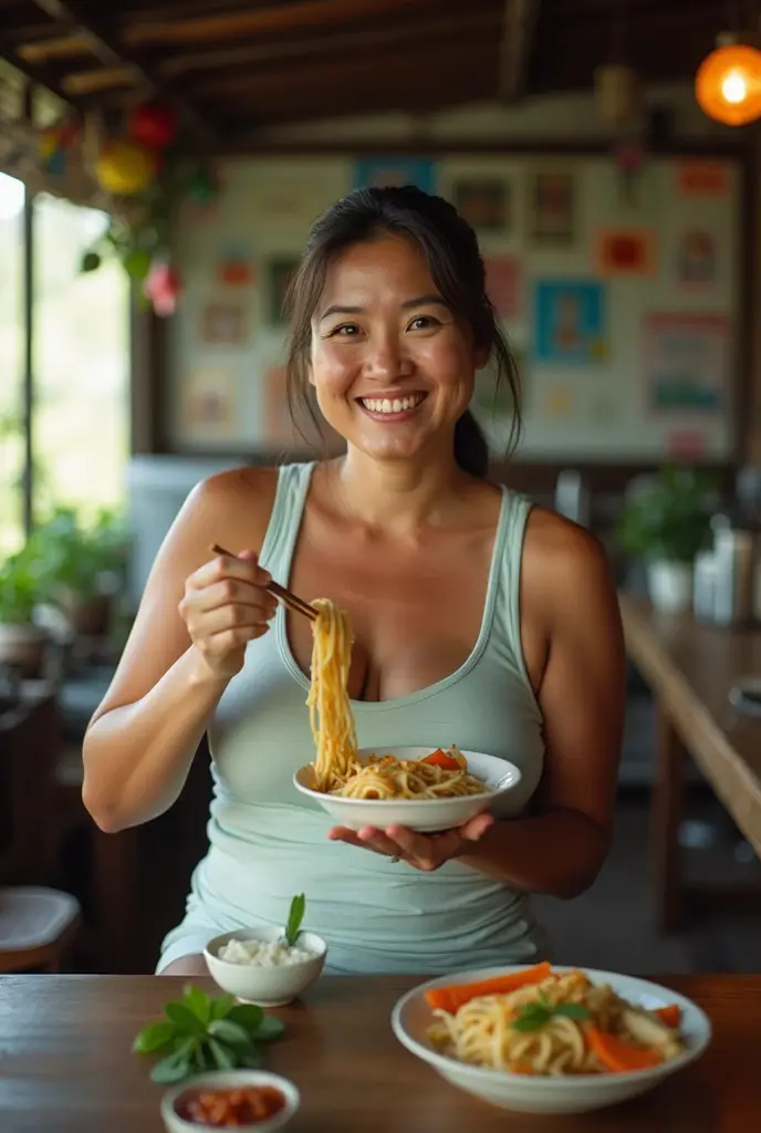 a Thai middle-aged woman smiling wearing a tank top and shorts with very large breasts perky udder nobra sitting eating a noodle in rural restaurant full body 35mm film , natural light