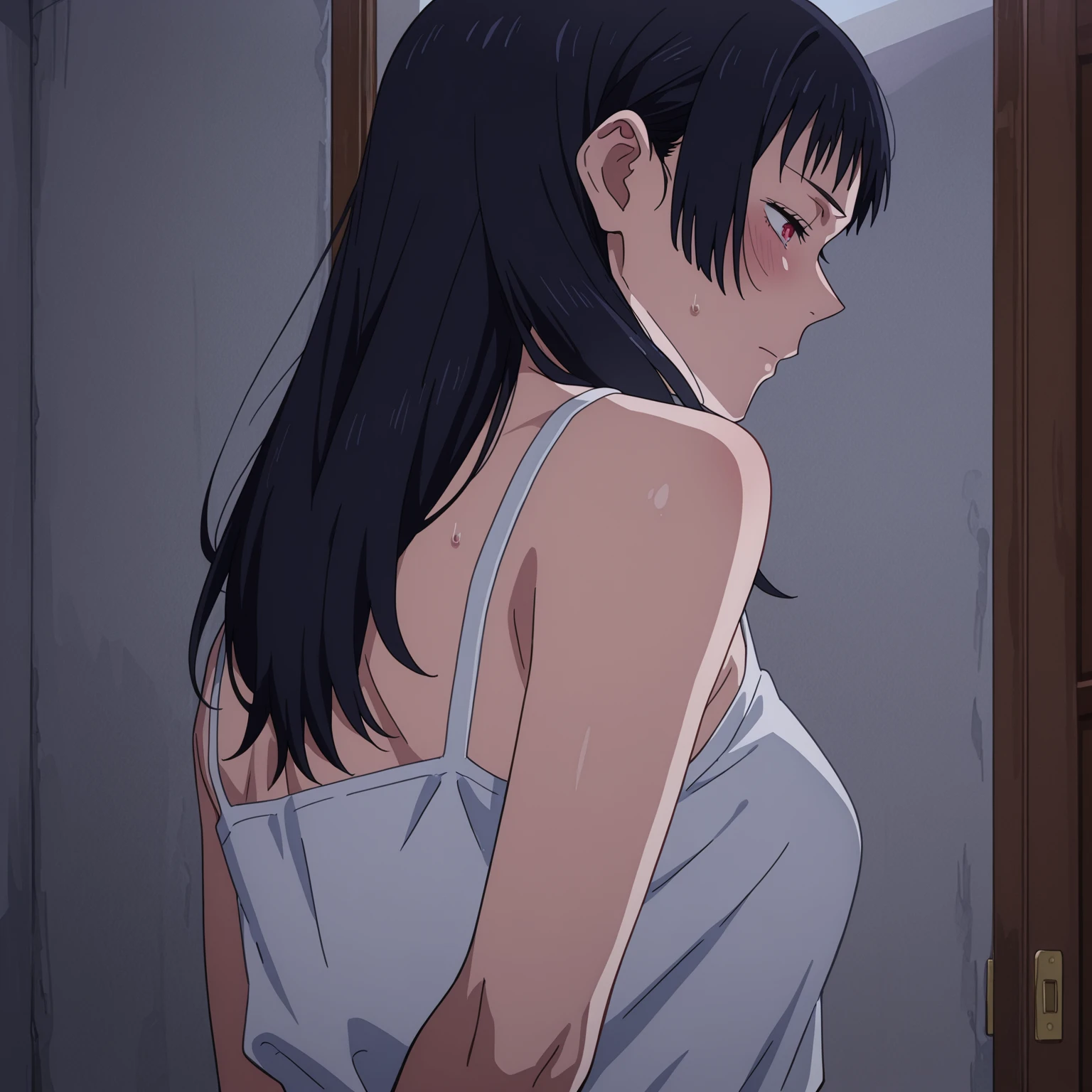 semi lateral view, girl sitting on the bed, semi inclined, naked torso, touching her small tit, pink nipple, pink pajama pants, semi long black hair, room illuminated by a dim light, red curtain, wooden room, at night
