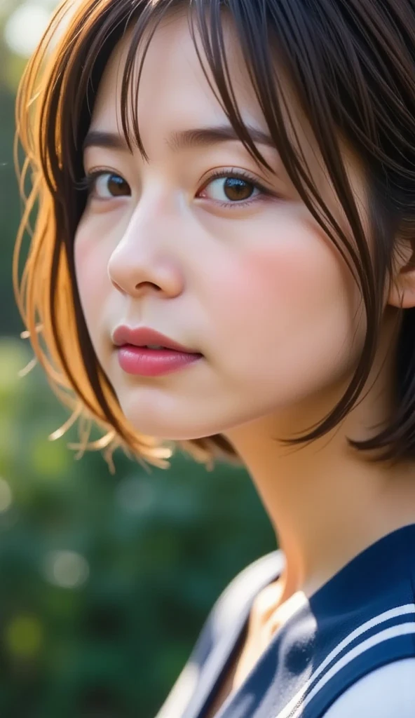 REALISTIC PROFILE PICTURES, BEAUTIFUL JAPANESE WOMAN IN UNIFORM,  from side:1.37, close-up :1.37, very realistic photo, perfect anatomy:1.21, Tiny Head:1.21, short head :1.65, Close lips, Portrait of a Japanese Woman:1.21, Japanese high school sailor suit, White short-sleeved sailor uniform:1.21, navy blue skirt riding over a tiger, ライトbrownヘア:1.21, bob cut:1.21, Japanese woman without makeup :1.21, Beautiful Japanese Woman's Face Rubbing Her Own Chest:1.21, brown, Clear Iris:1.331, Clear brown eyes:1.331, breathtakingly beautiful eyes, Sharp eyebrows:1.37, detailed face, Fine skin, growing skin:1.21, Summer evening:1.37, the light shines on my face, Silky Screen, blurry background, growing skin , glossy skin, The light shines like a movie,