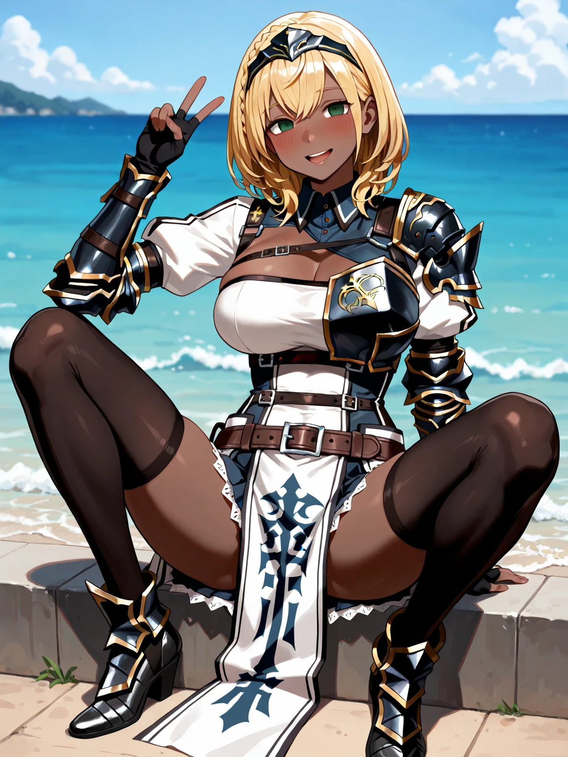 beautiful woman with short white hair, orange inferno eyes, wolf ears and a braided ponytail. She is wearing a revealing, sexy, fantasy knight armor with legplates. Her body is muscular and she is incredibly sexy. Her eyes are orange. She has strong, muscular arms and thick thighs. Wide hips. Laying on stomach, sleepy, blushing