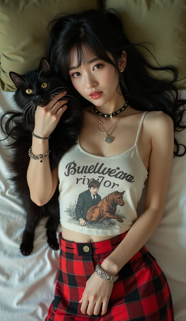 From an overhead perspective, a young indonesian woman medium-size chest captures her stylish outfit. She is wearing a beige and black striped fitted top paired with a ruffled black skirt. Her accessories include a delicate necklace with a small pendant and a pair of glasses hanging from her top. She carries a small beige handbag and wears white socks with white woven sandals. The brick-paved ground and surrounding greenery add a charming backdrop to this fashionable snapshot