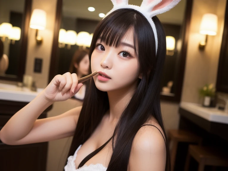Masterpiece, 4K, bokeh, (Japanese idol:1.6), Beautiful high school girl, Blushed face, 
 (cow pattern bikini:1.4), (Bunny ears:1.4), (Bunny costume:1.6), looking at the viewer, cowboy shot, holding cats in both hands, (white background :1.4), closeup