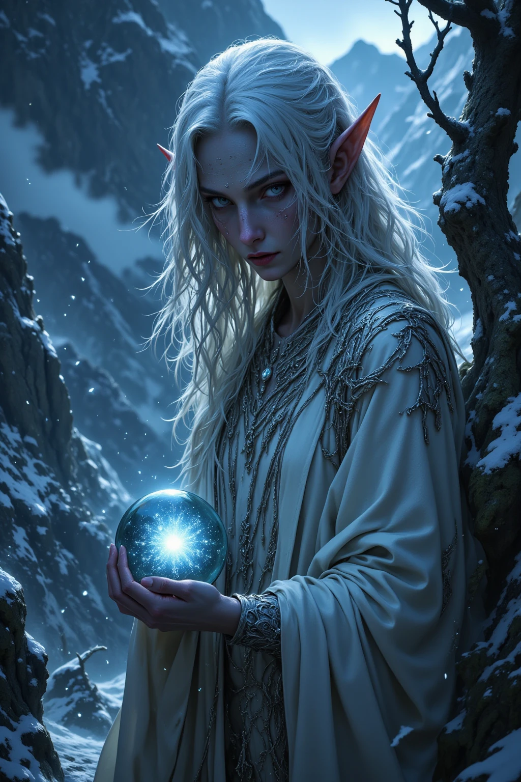 A young man with a round and square face, golden slanted eyes, short golden/blonde hair, an ice demon with skin pale as paper, a tail and horns covered in ice, wearing a white toga, (best quality,4k,8k,highres,masterpiece:1.2),ultra-detailed,(realistic,photorealistic,photo-realistic:1.37),extremely detailed eyes and face,longeyelashes,fantasy,concept art,cinematic lighting,dramatic lighting,dramatic shadows,chiaroscuro,muted colors,cold colors