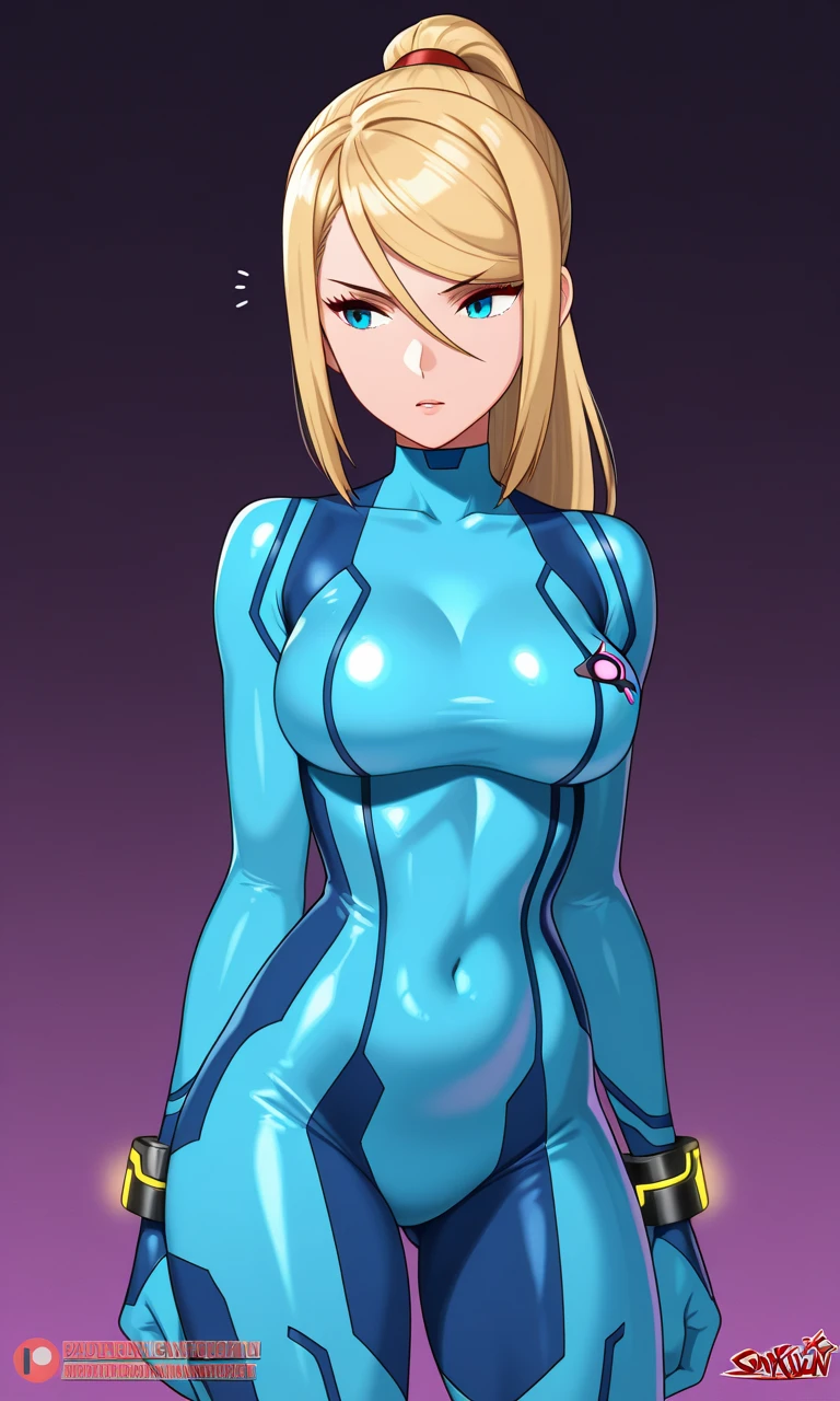 1girl,samus,blond hair,blue eyes, zero suit