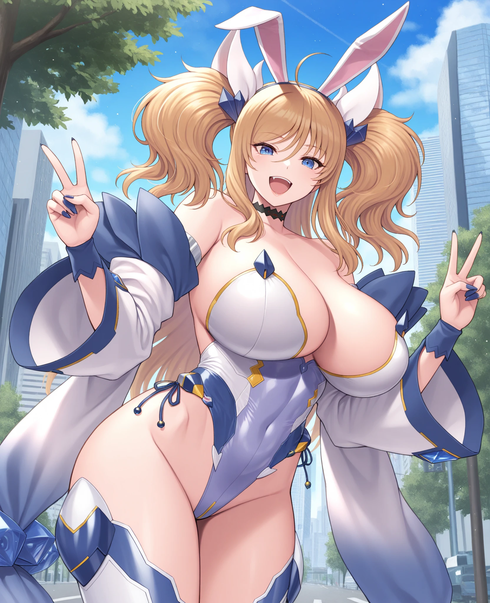 1girl, alone, minami fuyuki,masterpiece,best quality,highres,ultra-detailed,bbminami,long hair,large ,(rabbit ears:1.2),playboy bunny,casino,holding tray,embarrassed,blush,standing,large breasts, medium waist, wide hips, wide thighs, long blonde hair, violet eyes, earrings in the ears, excellent anatomy, excellent hands