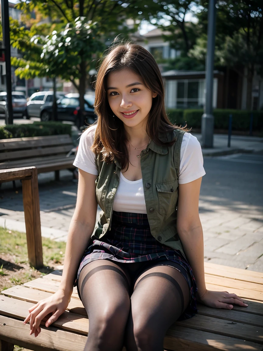 (((masterpiece))), (((highest quality: 1.4))), ((Super Detail: 1.4)) ,ulzzang-6500-v1.1,  (RAW Photos:1.2), (Photorealistic),(Genuine: 1.4), (Mastepiece), highest quality, shape, Very detailed, finely, High resolution, 8k wallpaper, 完璧なダイナミックな構shape, Beautiful and detailed, (Plaid vest), , A tough challenge, (Ultra-realistic pantyhose:1.2), Skirt and medium hair,, Natural color lip, Bold sexy pose, Squatting in the park、(A very loving smile:1.2)、23-year-old woman、cute、sexy shot looking at camera, Realistic skin texture、Shiny skin、Exposed thighs!!! (Full Body Shot:1.4), Natural Skin Shader, Volumetric, Warm shades beneath her skin,