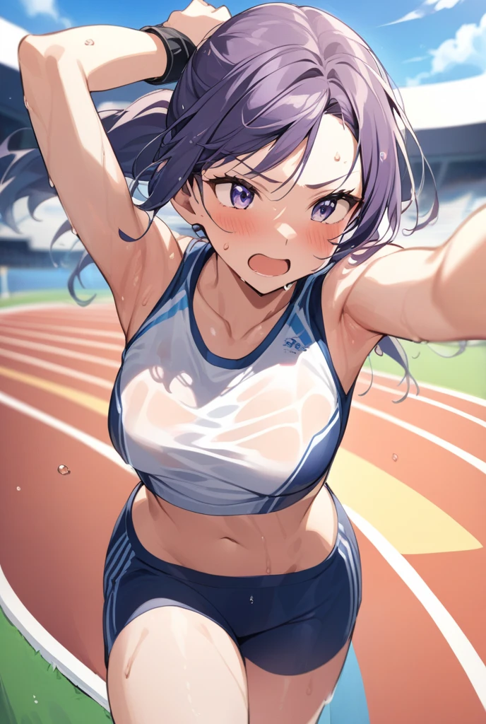 Masterpiece、8K、beautiful girl,Athletics Stadium、Gymnastics、Clearly defines the overall facial contours,Depict the whole body,Beautiful posture,Hair is purple、Sweat、Oily skin、Twin tails、Fine skin、Looking up、blush、Stretching out the tongue、Open your mouth wide