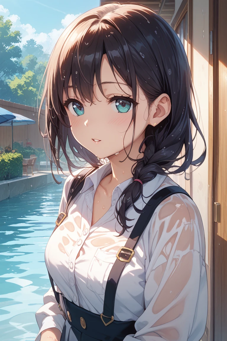 ((Biologically correct limb count))、(( whole body including face))、4K、Masterpiece、((Focus on the face))、((Symmetrical, well-proportioned facial features))、Eyes with delicate depictions、(((1 person)))、Beautiful woman、Outstanding style、Slender Body、(High heels with anklets、Shiny Stockings)、(((shirt、Checked skirt)))、(((White frame photo)))、((Looking up))、Shy、(((Riverside、Stand on the surface of the water)))、(((Close-up photo of the upper body)))、High angle、night、
