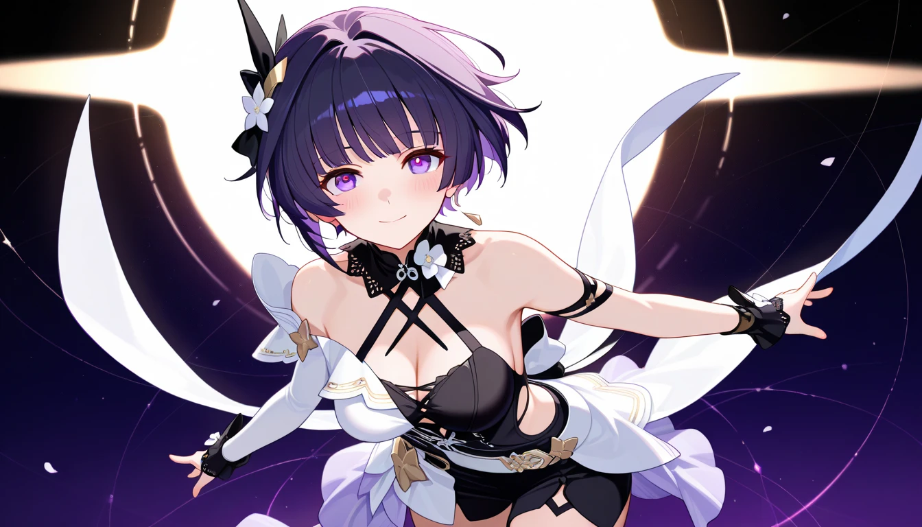 1female, teacher, wearing a black suit, purple tie, bootyshorts, Thicc, big breast, black hair, short hair, white eyes, face to detail, detailed eyes, the background is a pizzaria, smiling, holding a black present