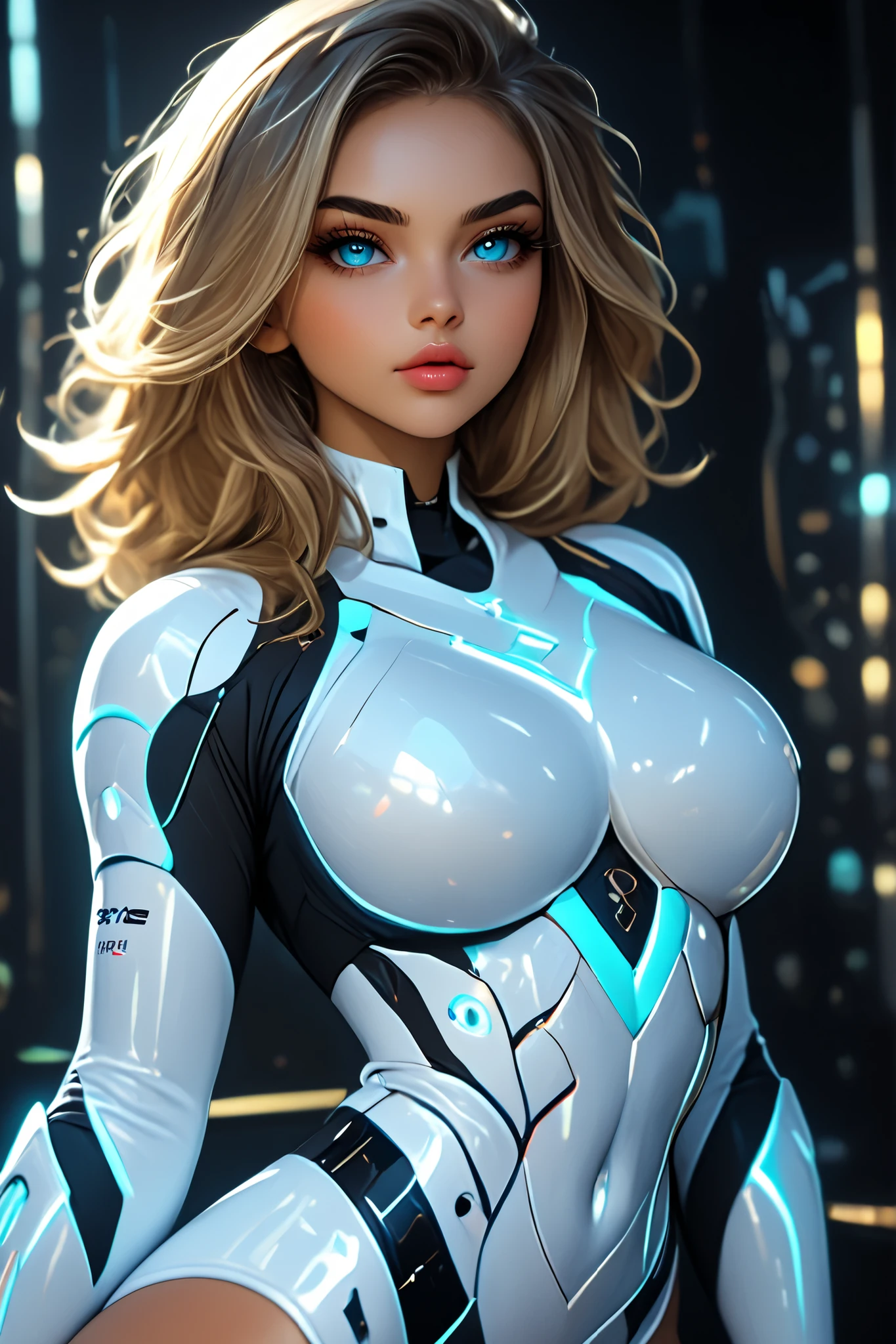 view from side, masterpiece, best quality, hrigh details, Ray tracing, hdr, volumetric lighting, bokeh, depth of field, glossy lips, score_9, score_8_up, score_7_up, upscale 2x, white Girl with Long Dark Hair and Piercing Eyes.  Her toned abdomen and curves are visible, close up, full lips, tight gymwear