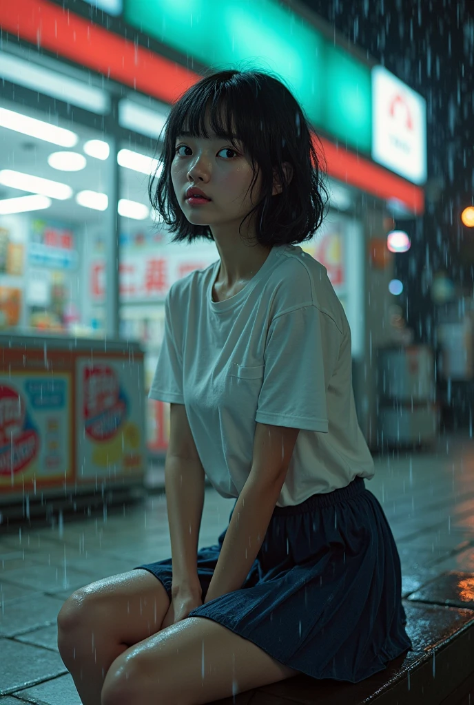 A very pretty Japanese woman sitting in front of a convenience store late at night,18-year-old female student,E cup, nsfw,Beautiful Japanese 、rain中、  wet hair  、Japanese high school students、Japanese sailor suit、 miniskirt,  Dark Blue Pleated Skirt ， and rough fabric , Poor clothes, Black Short Hair, bob head,A shirt that will be visible after the rain,Corn skin color, Copper skin      ,Very Good Curvesd lines,look up,Her tanned skin is moist and shiny,The atmosphere is subtle and slightly dark, like a scene from a movie, rain,Wet White Shirt，Skin tone clear,Wet Work Pants,Dark Skin Tone Like Grains,Very Good Curves,look up,她曬黑的Copper skin      被rain水濕潤有光澤,The atmosphere is subtle and slightly dark, like a scene from a movie, 頭髮被rain水浸濕, rain淋濕的衣服, 皮膚被rain水浸濕, (淋rain後黏在身上的衣服), white short-sleeved top,(一件淋rain後會透視的襯衫), A shirt that will be visible after the rain
