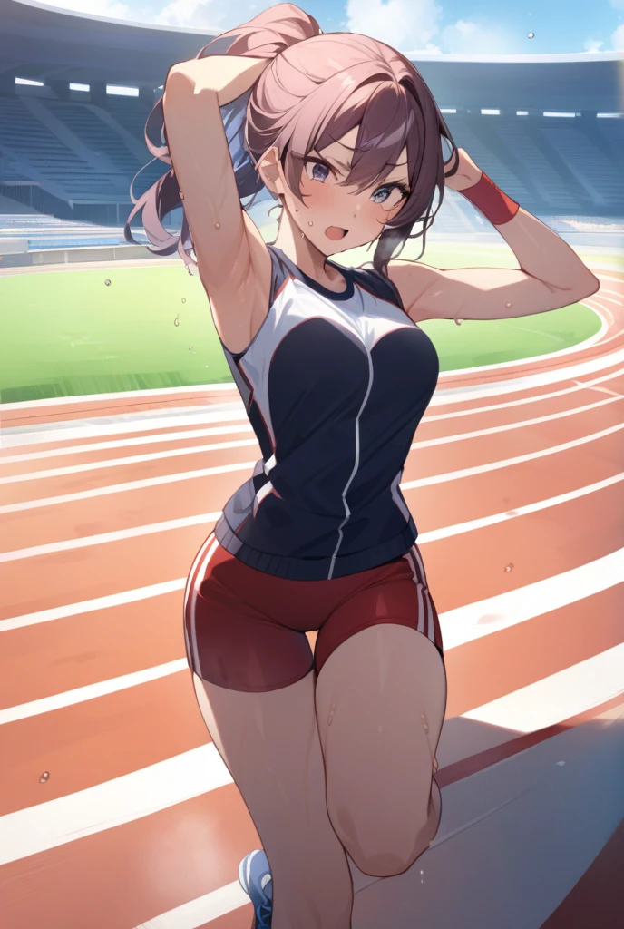 Highest quality、High resolution、Detailed Background、(Beautiful face in every detail:1.2)、Normal number of fingers、Anatomically correct、Teenage beauty、Detailed face、Cute hair colour、Sexy sportswear、Track and field athlete、Attractive ass、(Shooting from behind while running:1.5)、Dynamically expressing acceleration