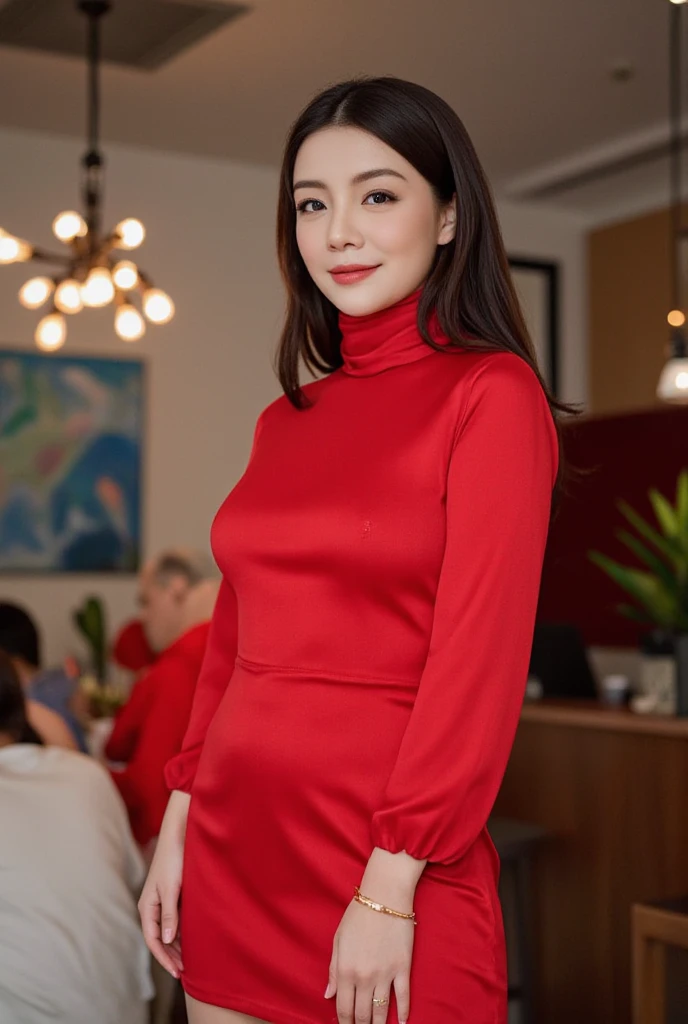 masterpiece, Best quality, Skinny Japanese woman, 40 years old, sexy nightwear, on the bed in a hotel room, correct body structure, slight smile, perfect face, detailed face, detailed eyes