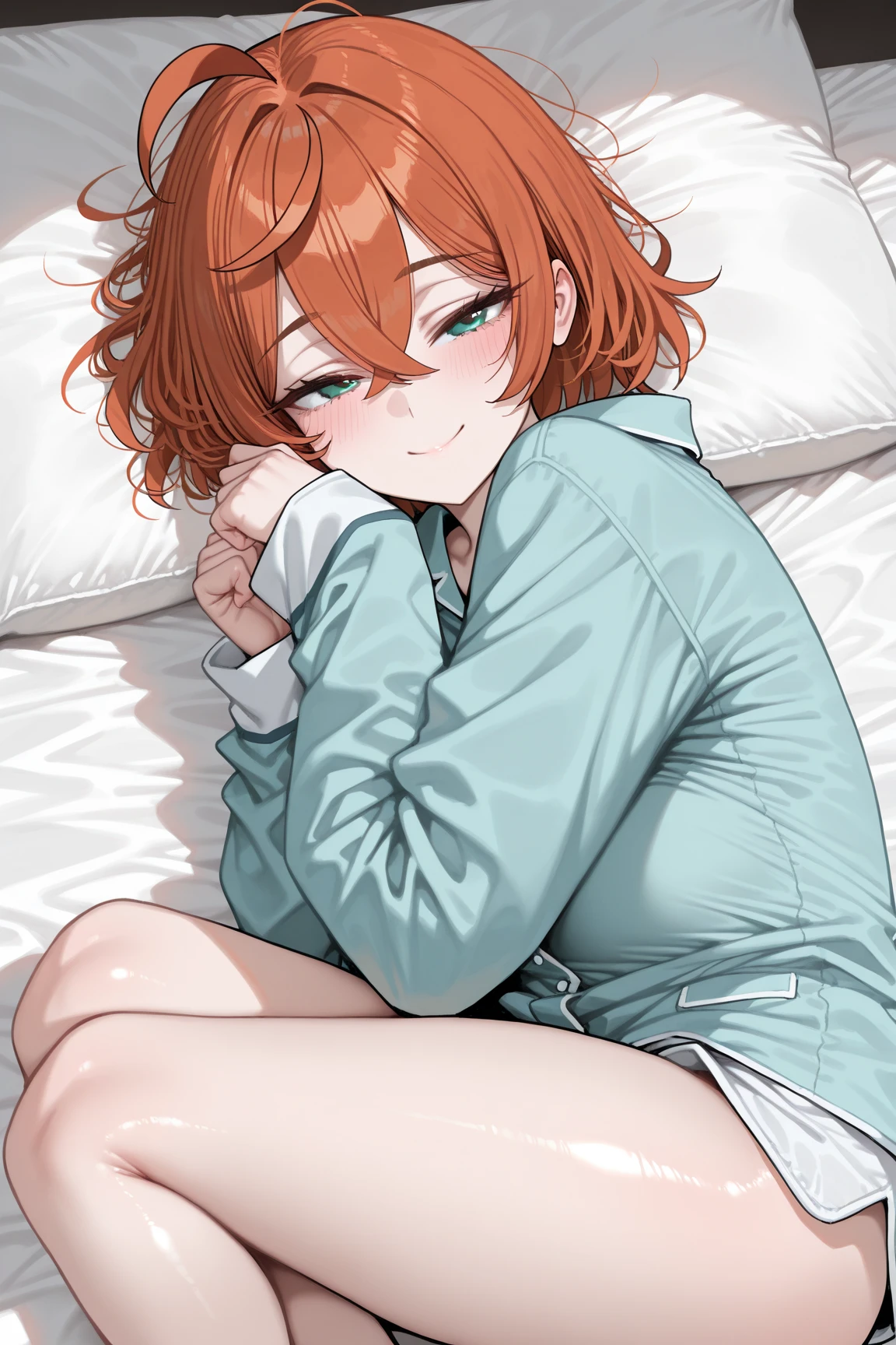 girl orange hair short white skirt emerald green eyes and black shirt clinging to her body with black pantyhose lying on the pink bed