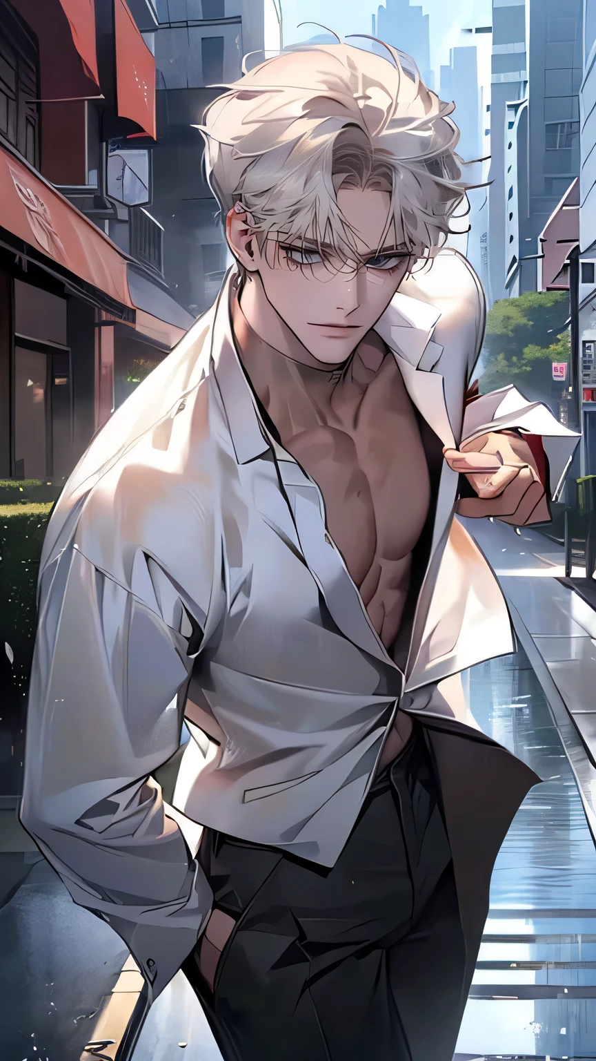Perfect face, gentlemanly 28 year old man, milk beige hair color, oil pastel look, looking up at the night sky in the rain, chic atmosphere, pale light of a street lamp in the background, the man is naked, defined abs, he has no pants, his penis is soft, massive penis, big cock --niji 5, 4k