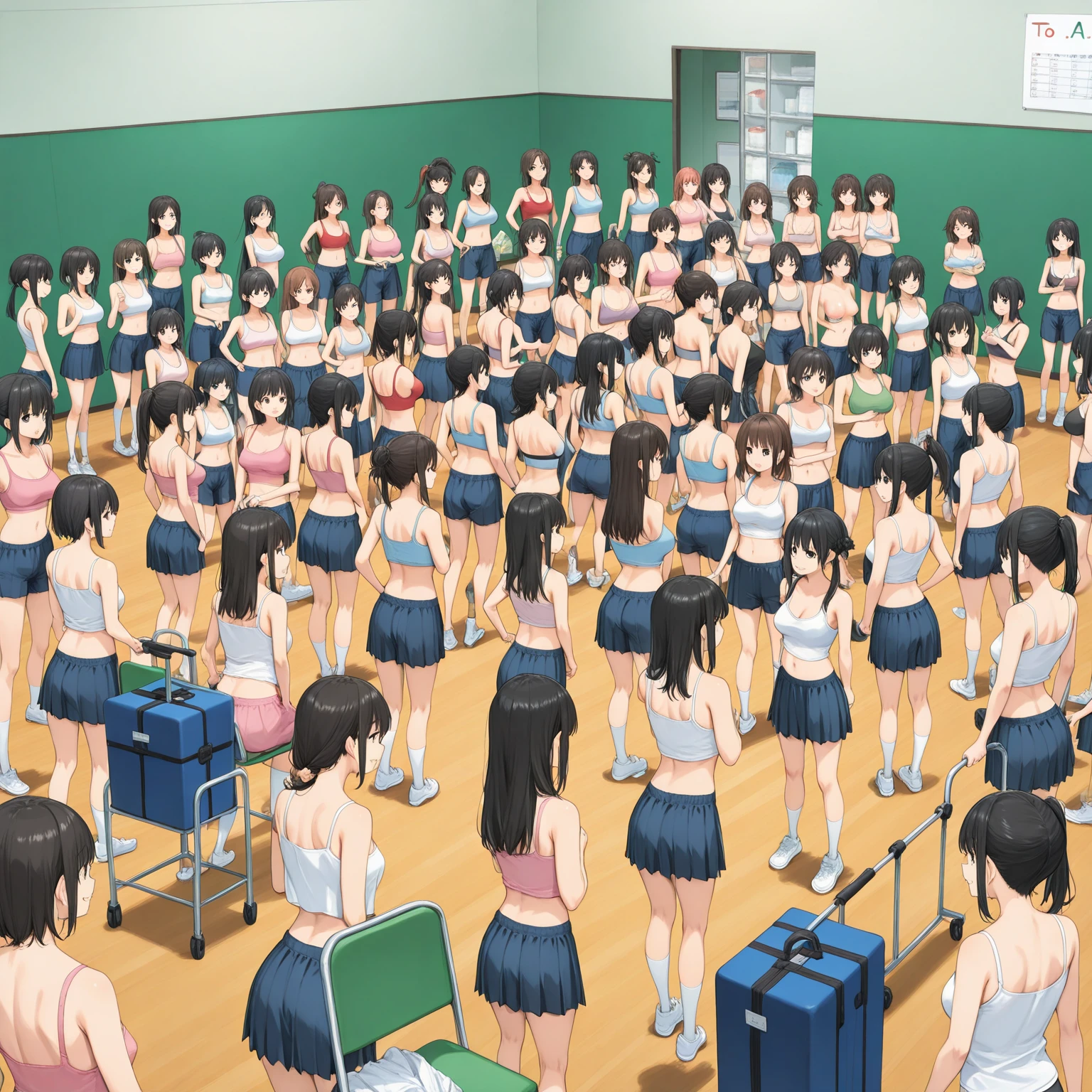 A large number of Japanese female college students take off their upper body clothes and expose their breasts and nipples in order to undergo university health examinations. ・Everyone is changing clothes while standing. ・Some people wear bras after completing a health check. ・The lower half of the body is dressed in normal clothes such as pants and skirts. ・The location is the gymnasium. (This is a normal place, not a changing room.) ・A document has been posted asking patients to go shirtless for the medical examination. ・There are many pipe chairs in the changing area, and on the chairs are luggage, removed jackets, sports bras, camisoles, and bra tops. ・Women only!
