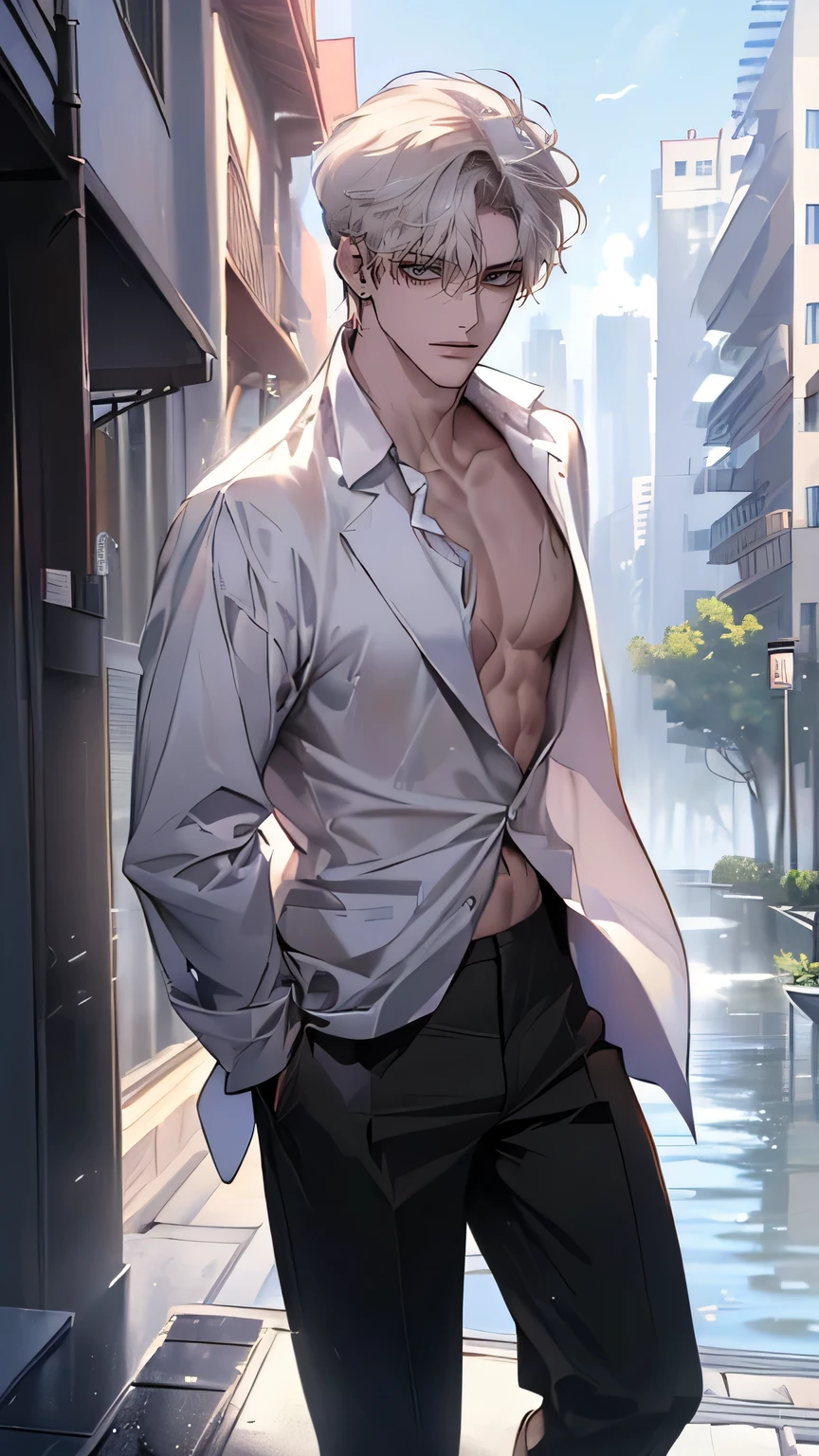 (4K works))、masterpieces、(top quality)、((in front of a building))、Korean male、adult male、((Adult 19-year-old))、((성인 Uncle 형))、((chewy black neck polarity, martial arts painting pants))、((similar to Garou's face))、cool man、tall with dildos、((soft face))、((Nice black werewolf fashion))、((long sleeve long pants style))、(( small face with  milk))、slim body、((Uncle ))、((white head))、(( short white hair))、((Red Eyes))、((Front shot))、((Filming alone))、((Solo photo))、Professional photography、((Reach out to potential customers))、((He walks in front of viewers))、((Dad's body ))、((wet hair))